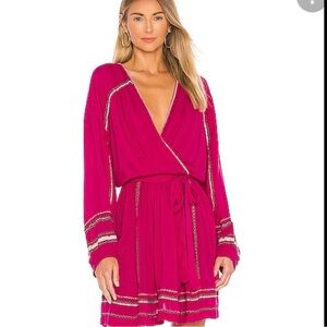 Free People Delilah Embroidered Wrap Mini Dress Hot Pink Boho Size XS